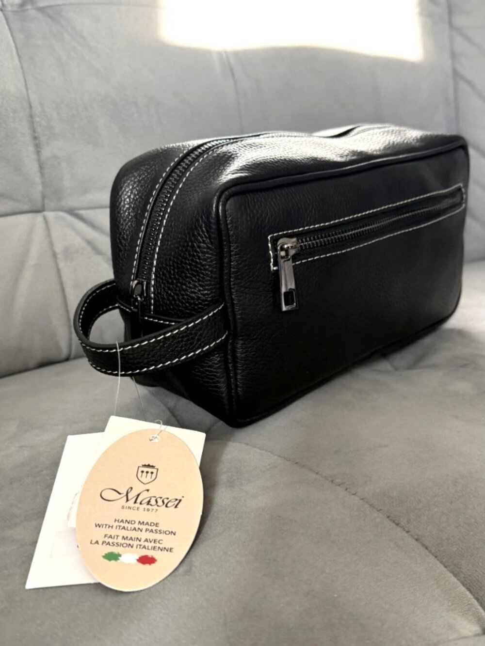 Massei Italian Men's Leather Toiletry Bag Dopp Kit Handmade Black NWT